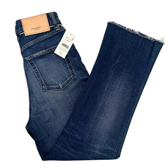 MOUSSY VINTAGE MV Rhode Cropped Flare Hi Rise Jeans in Dark Blue Frayed Size 25 - Picture 15 of 15